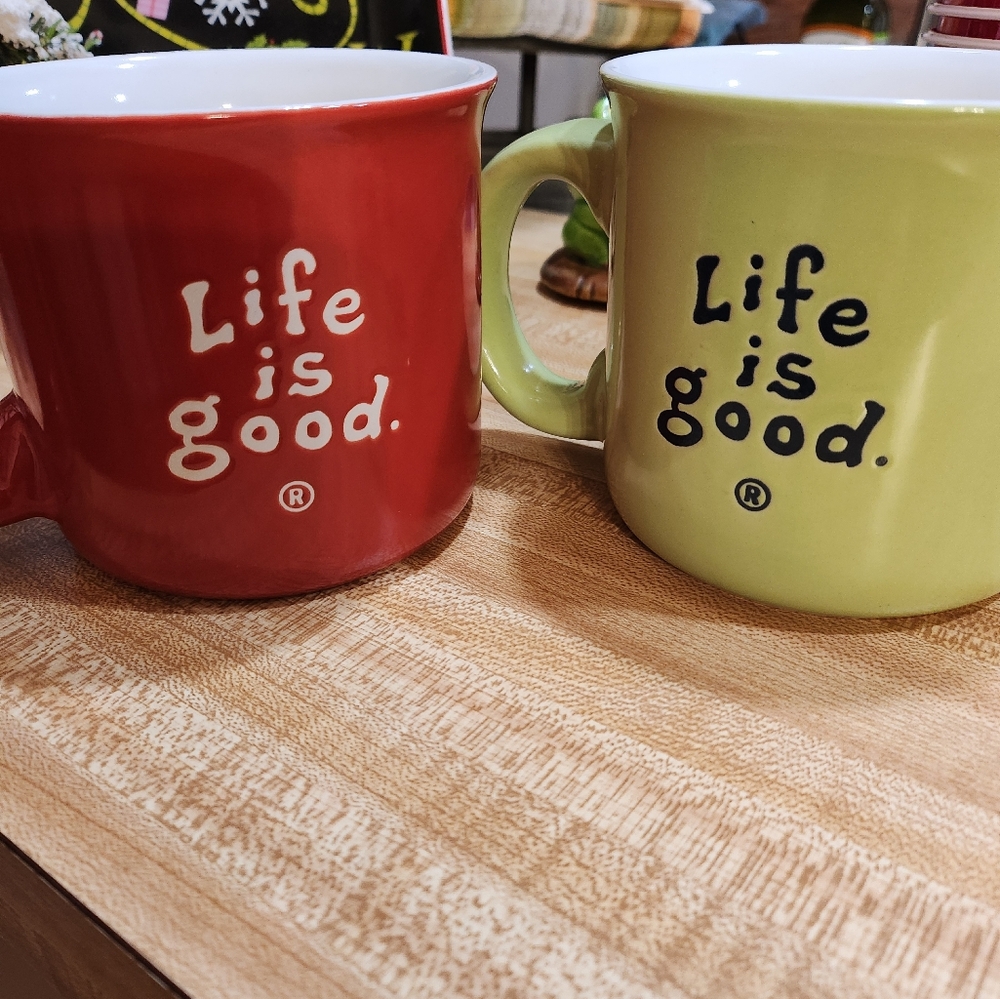 Life Is Good Red and Green Ceramic Mugs for Dining